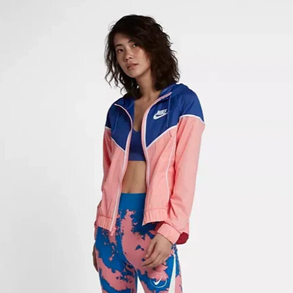 Nike Jacket Bleached Coral Pink Blue Full Zip Womens Size M Hooded Windbreaker - Picture 1 of 11